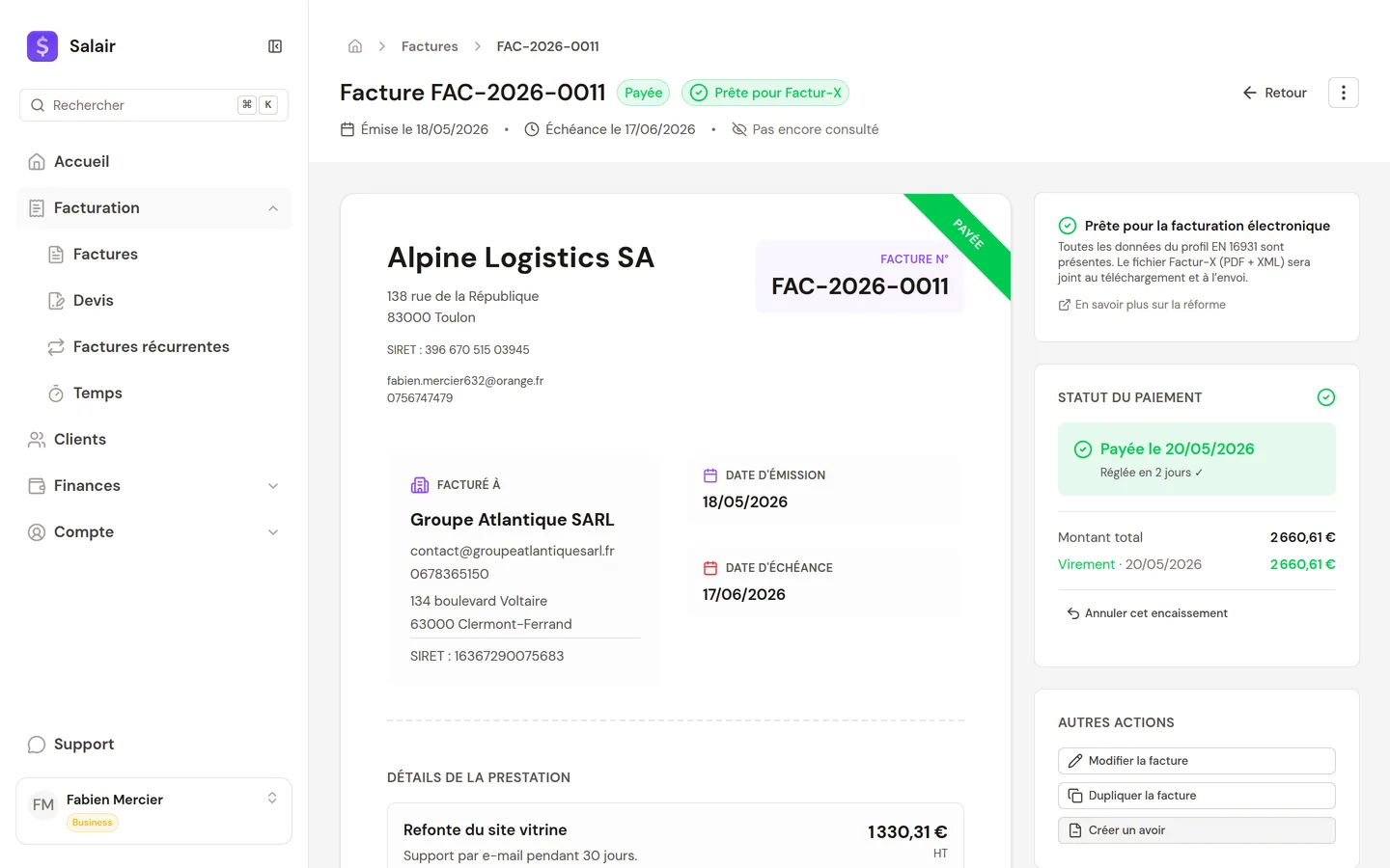 Fiche facture Salair avec statut de conformité Factur-X