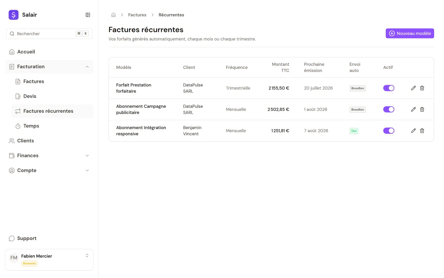 Page des factures récurrentes de Salair