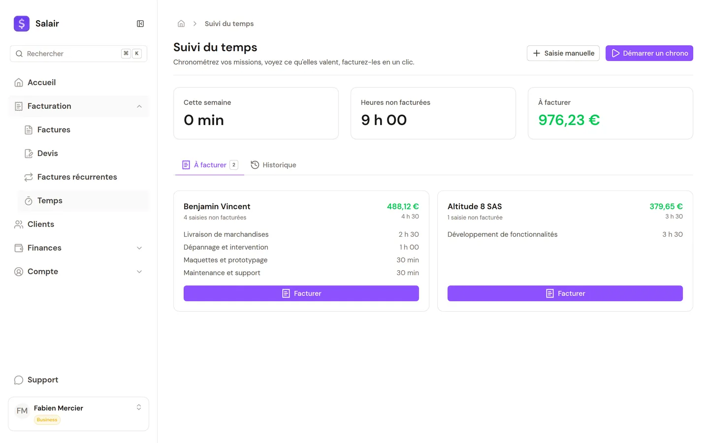 Hub de suivi du temps Salair, heures à facturer par client
