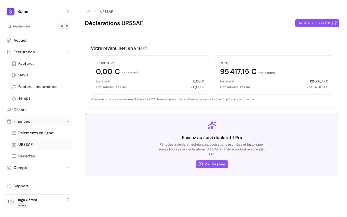 Simulateur de revenu net réel et déclarations URSSAF dans Salair